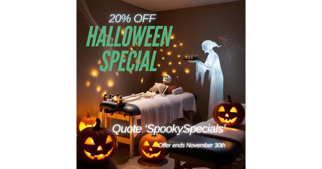 A massage scene with a twist. A ghostly therapist tends to a skeleton who lies relaxed on a massage bed in a serenely lit room, decorated with tealight candles and Halloween pumpkins. Cobwebs drape the walls and a tray of exotic oils sits by the foot of the massage table.